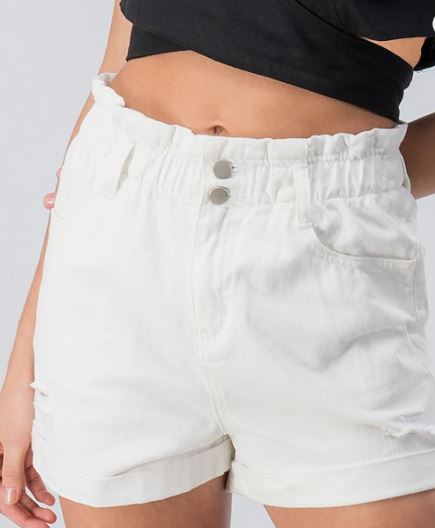 white denim paperbag shorts